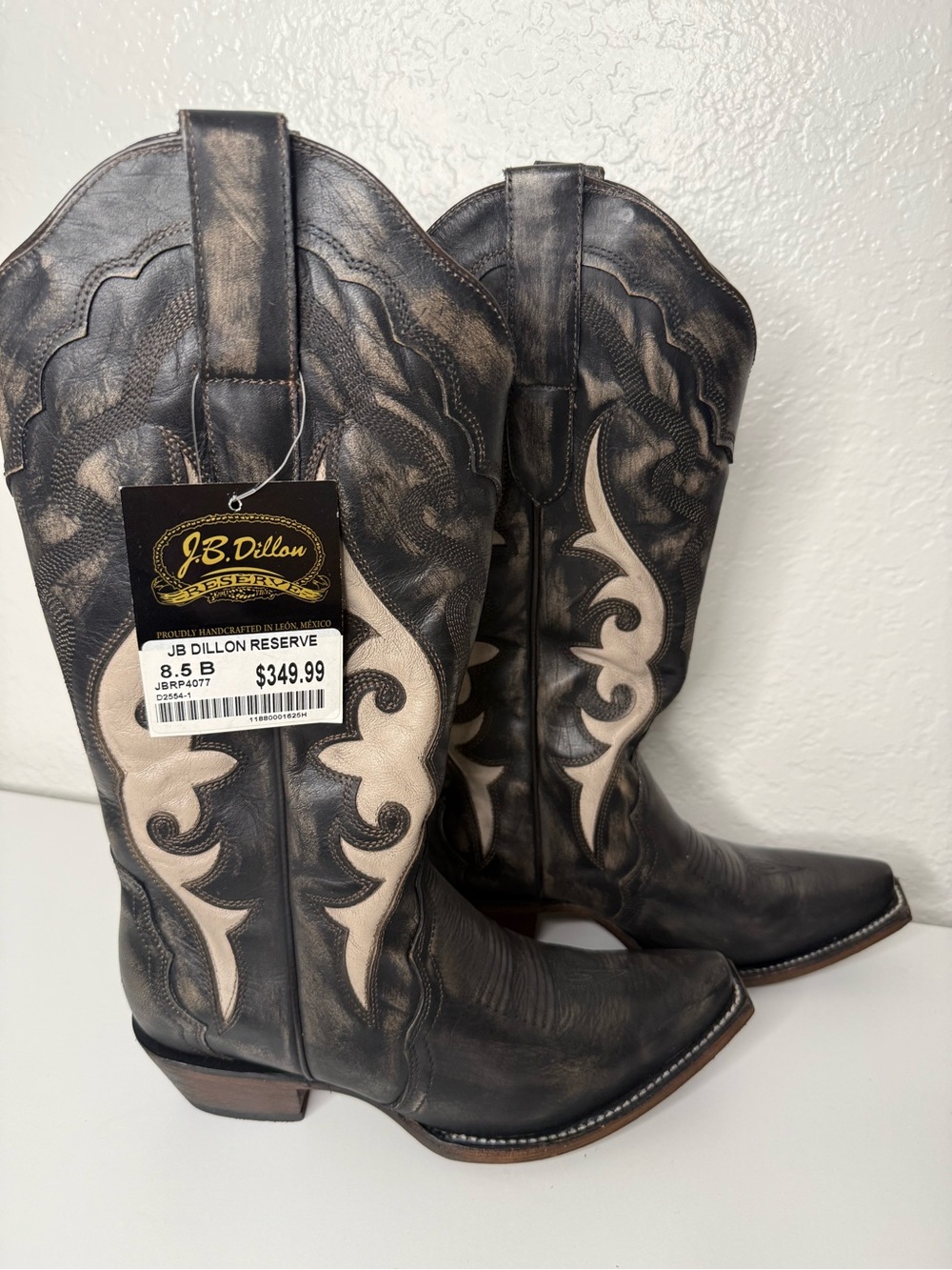 J.B. Dillon Black Leather Western Boots with Cream Inlay 100% leather NEW